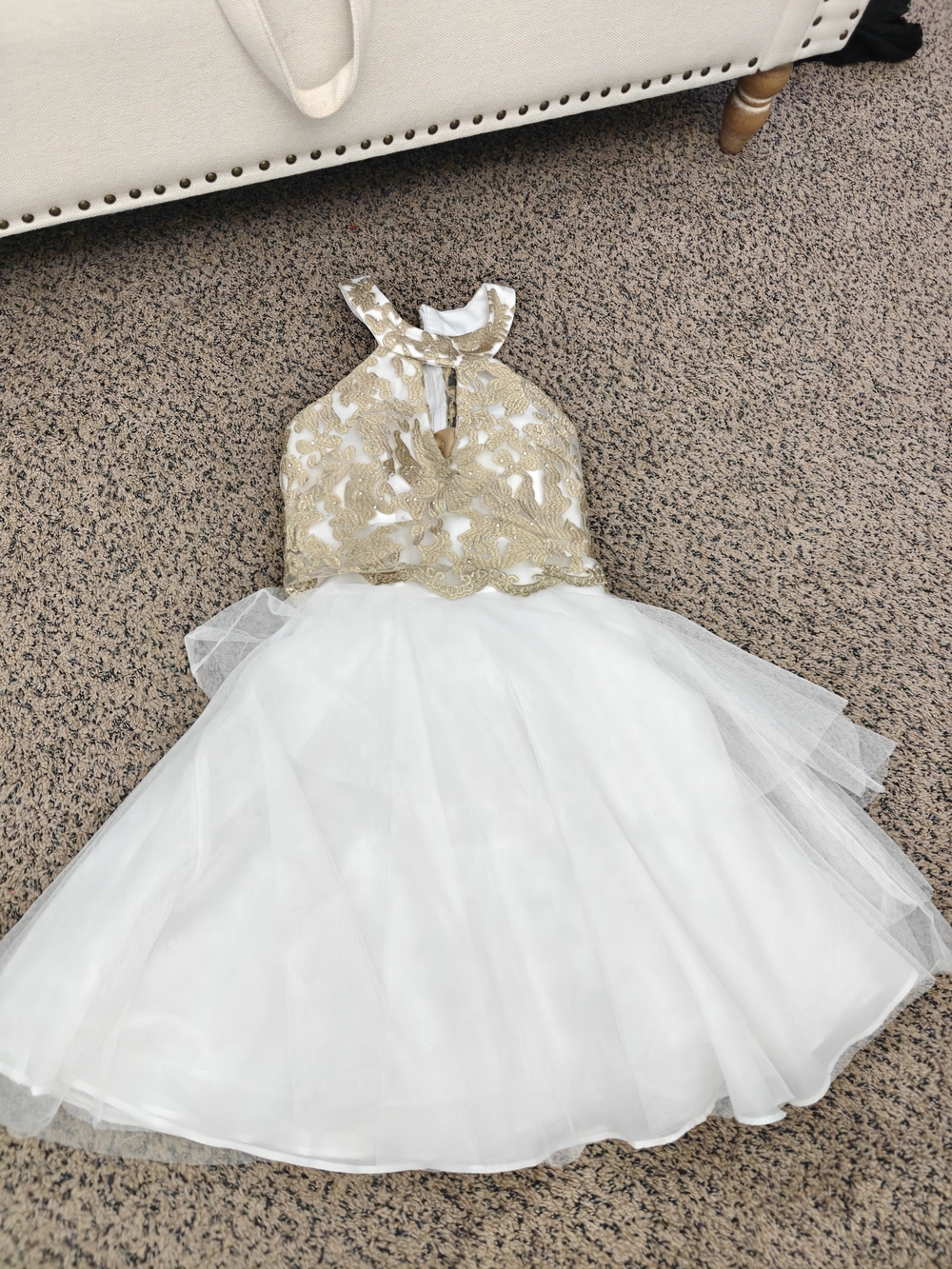 Gold & White Tulle Halter Flower Girl Dress